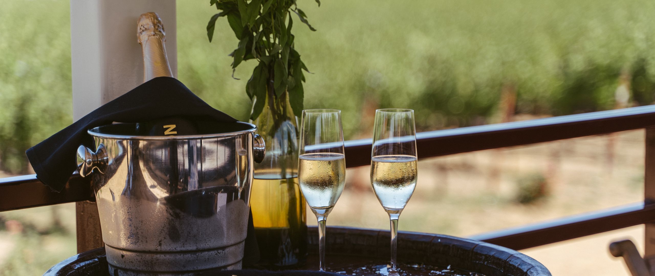 Champagne in an ice bucket with two flutes of champagne beside it.